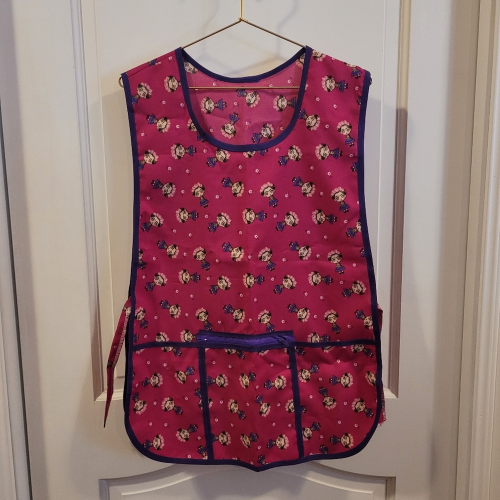 New Womens Frida Kahlo Print Classic Apron Burgundy and Purple- Mexico